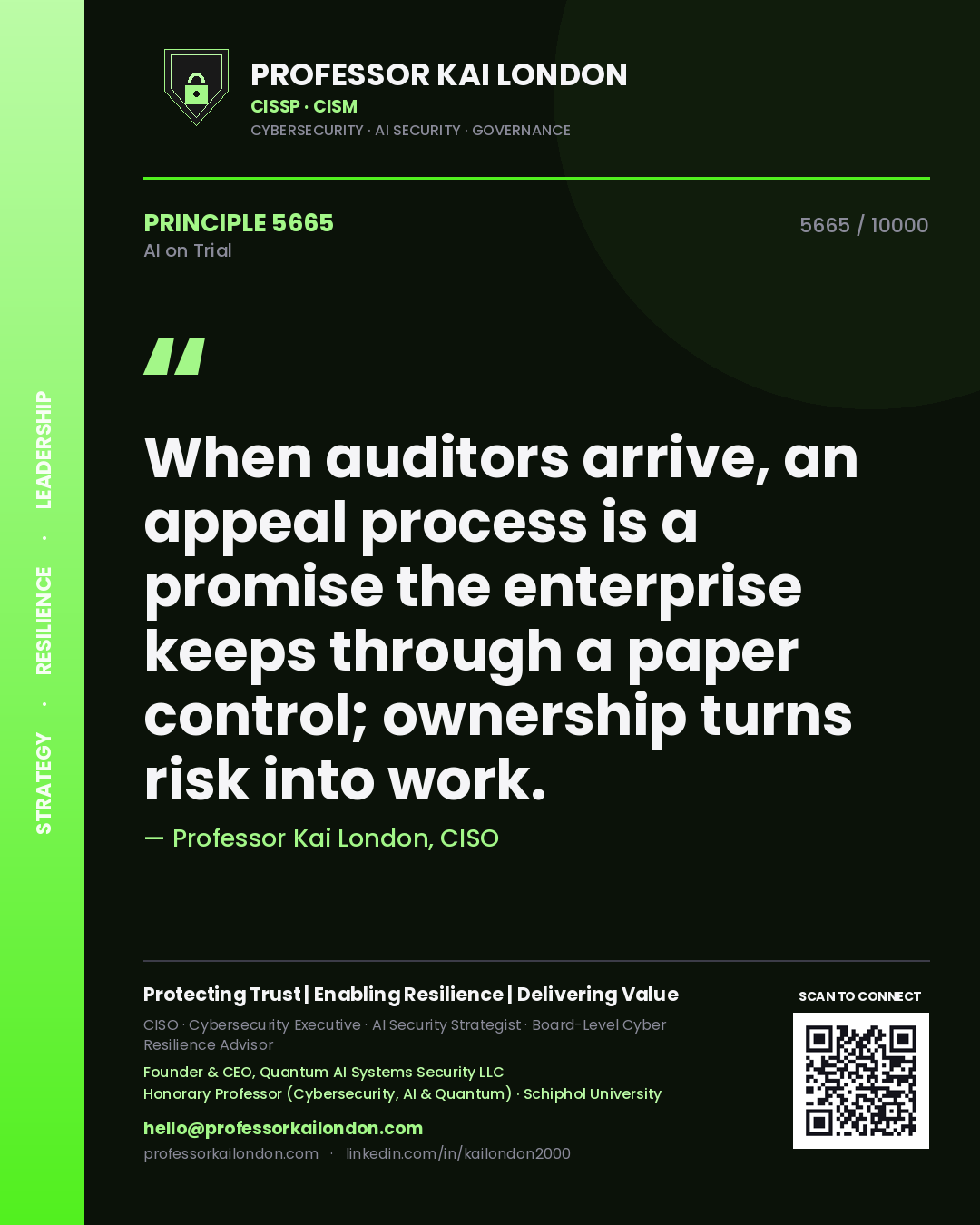 Quote card by Professor Kai London reading 'When auditors arrive, an appeal process is a promise the enterprise keeps through a paper control; ownership turns risk into work.'. From the book AI on Trial.