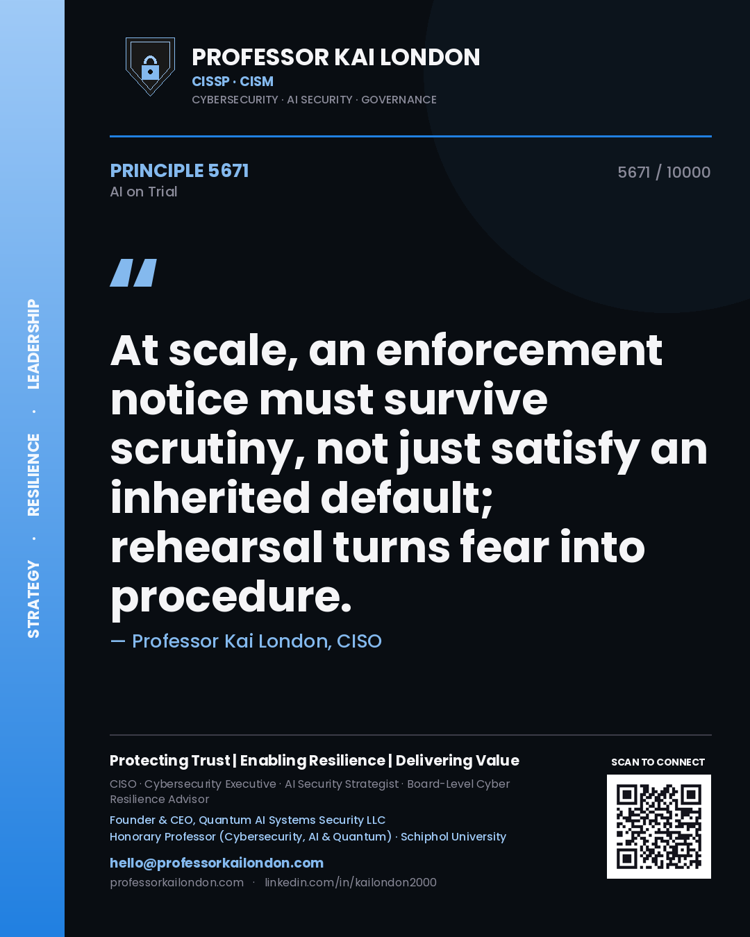 Quote card by Professor Kai London reading 'At scale, an enforcement notice must survive scrutiny, not just satisfy an inherited default; rehearsal turns fear into procedure.'. From the book AI on Trial.