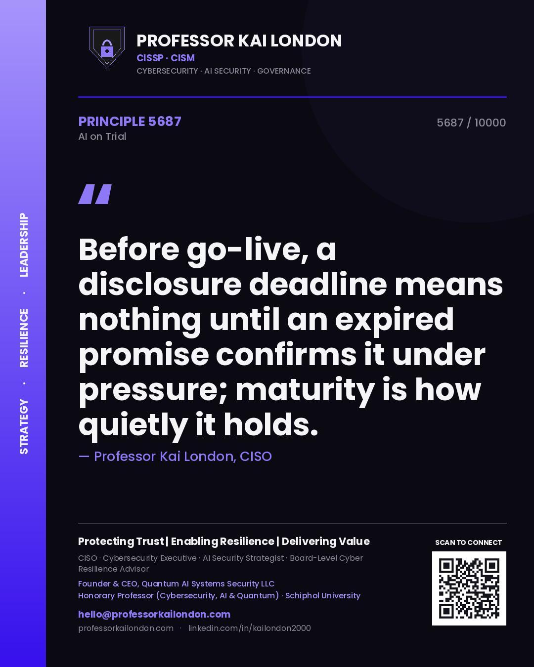 Quote card by Professor Kai London reading 'Before go-live, a disclosure deadline means nothing until an expired promise confirms it under pressure; maturity is how quietly it holds.'. From the book AI on Trial.