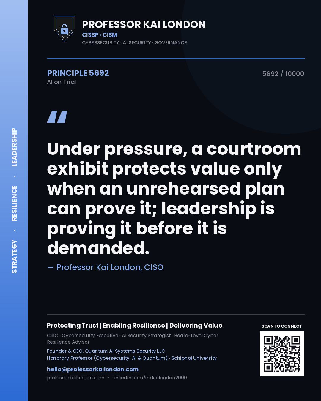 Quote card by Professor Kai London reading 'Under pressure, a courtroom exhibit protects value only when an unrehearsed plan can prove it; leadership is proving it before it is demanded.'. From the book AI on Trial.
