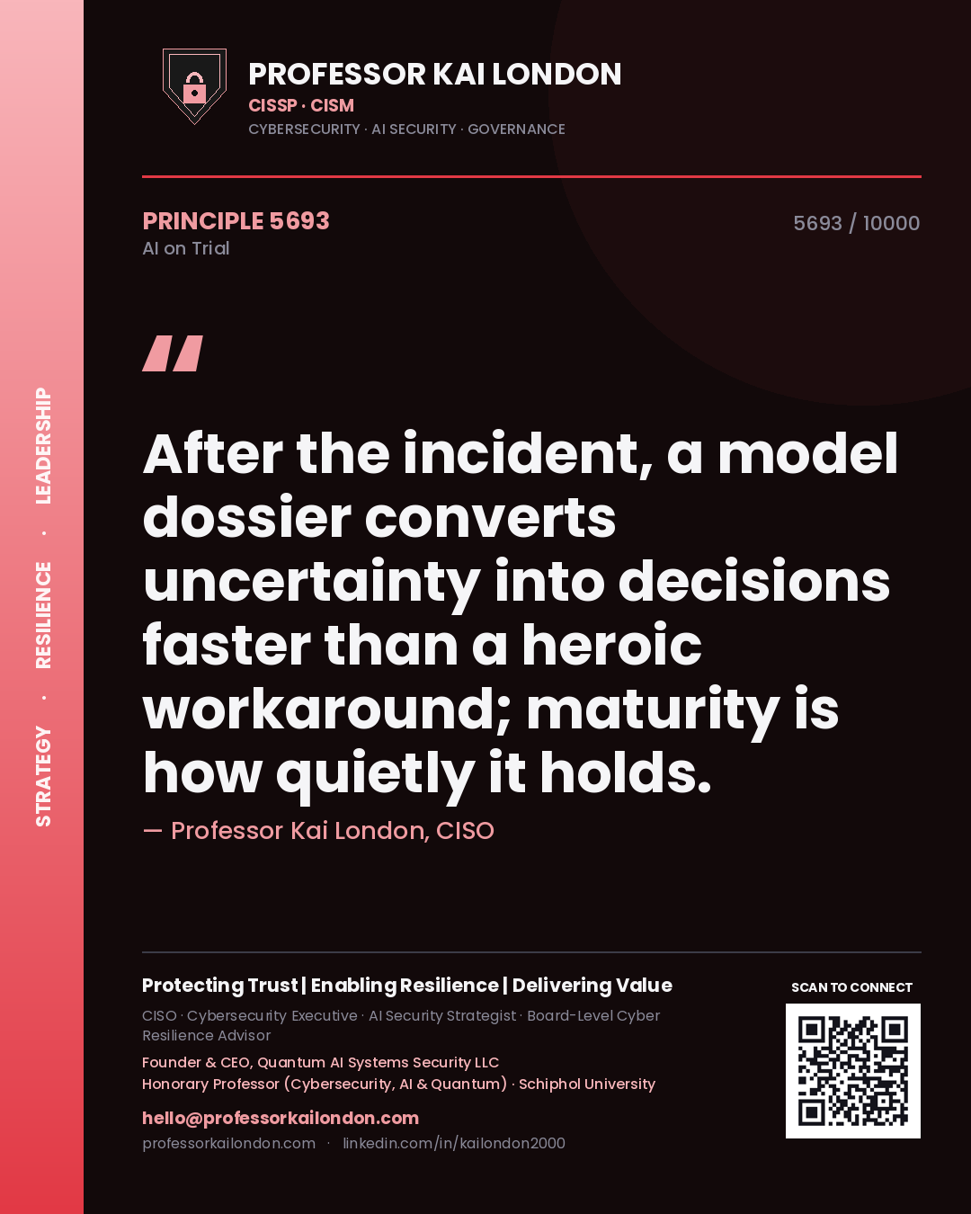 Quote card by Professor Kai London reading 'After the incident, a model dossier converts uncertainty into decisions faster than a heroic workaround; maturity is how quietly it holds.'. From the book AI on Trial.