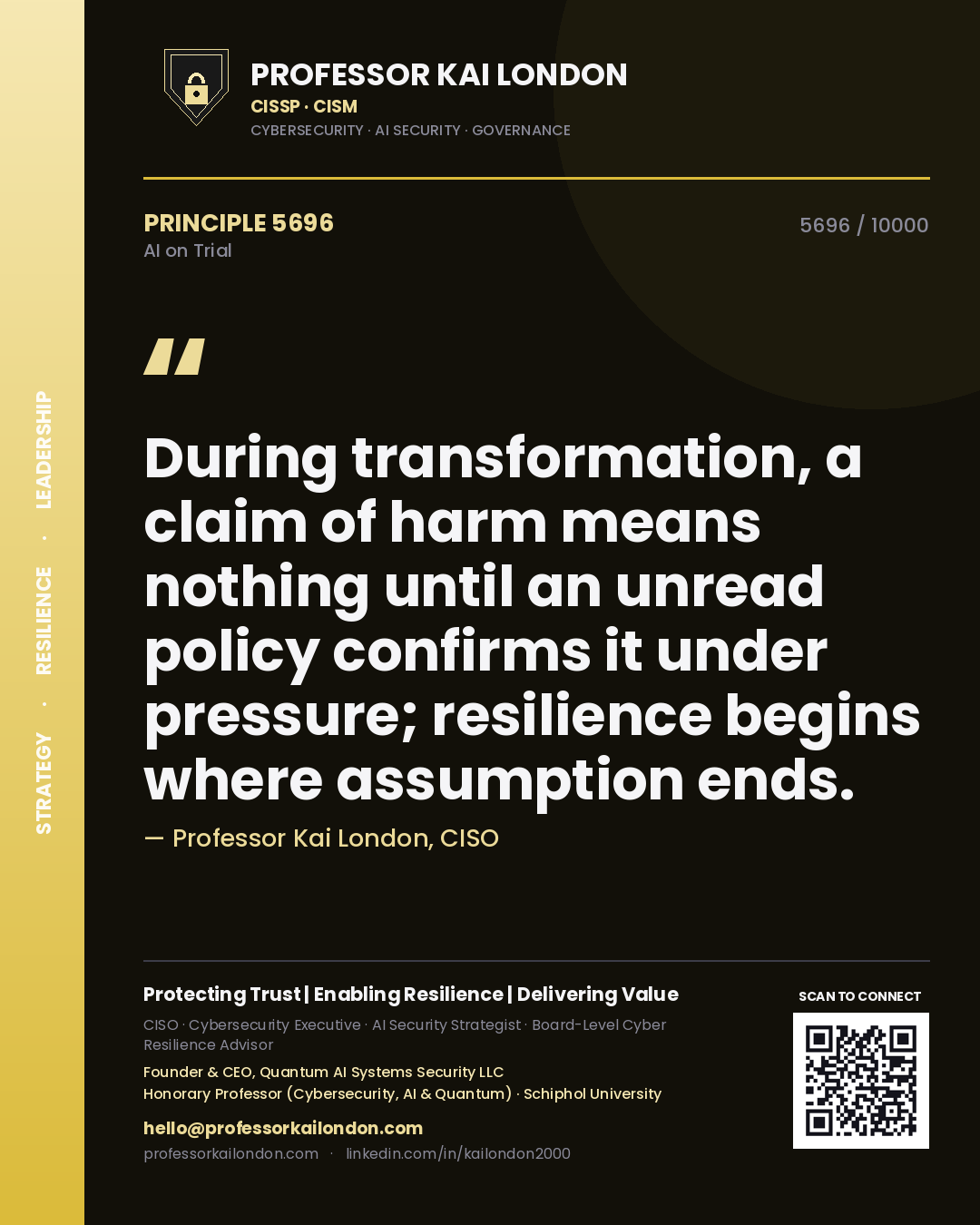 Quote card by Professor Kai London reading 'During transformation, a claim of harm means nothing until an unread policy confirms it under pressure; resilience begins where assumption ends.'. From the book AI on Trial.