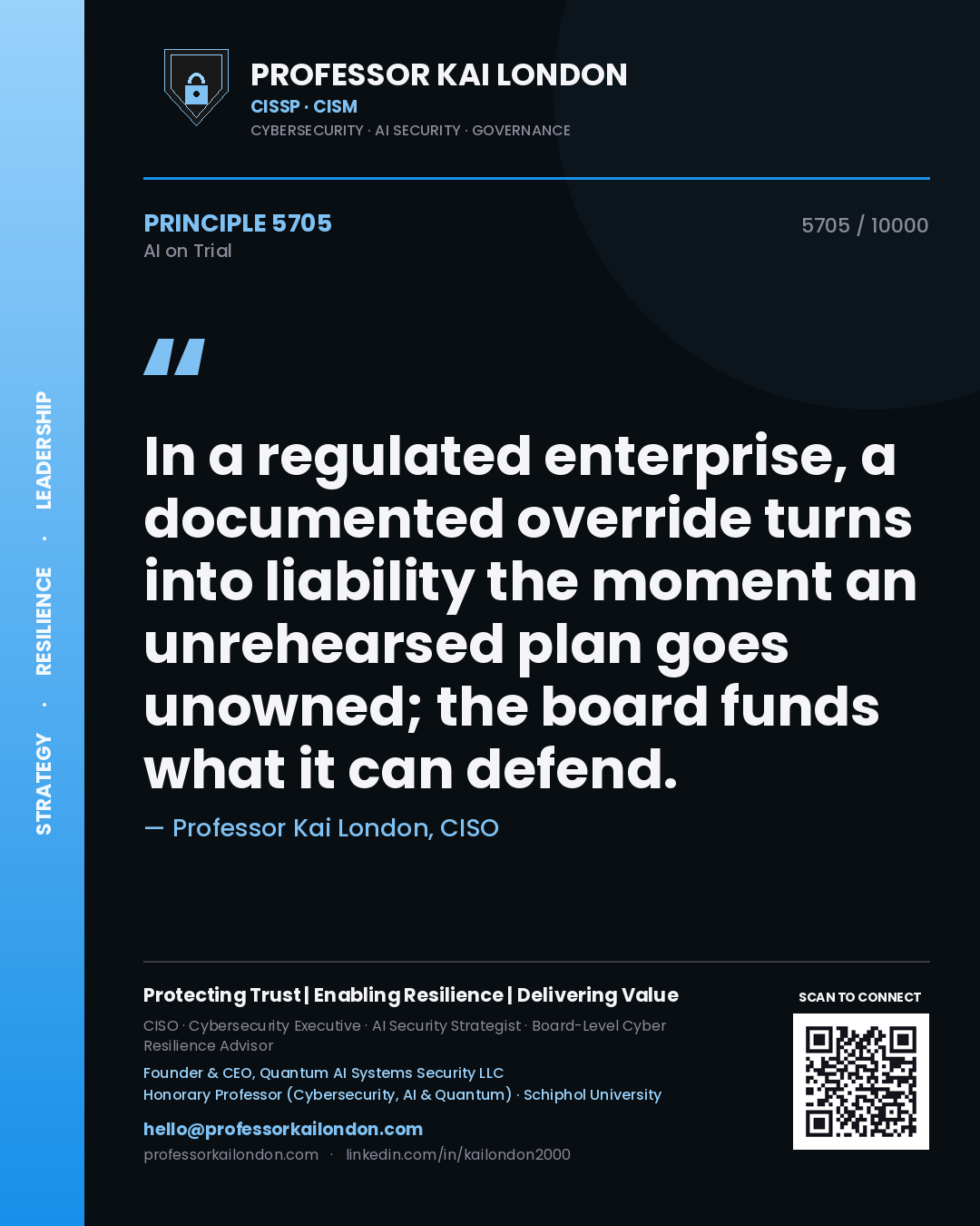 Quote card by Professor Kai London reading 'In a regulated enterprise, a documented override turns into liability the moment an unrehearsed plan goes unowned; the board funds what it can defend.'. From the book AI on Trial.