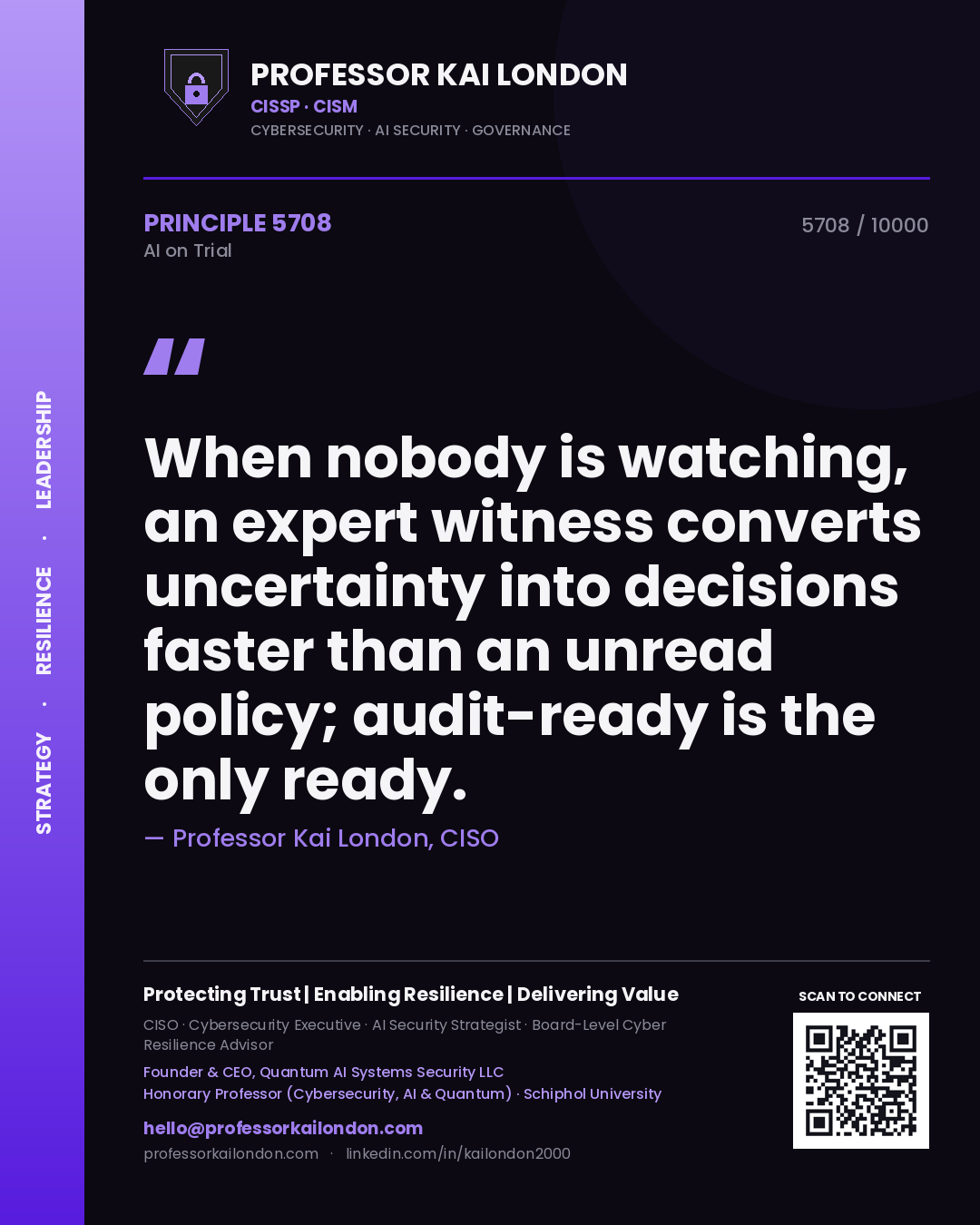 Quote card by Professor Kai London reading 'When nobody is watching, an expert witness converts uncertainty into decisions faster than an unread policy; audit-ready is the only ready.'. From the book AI on Trial.