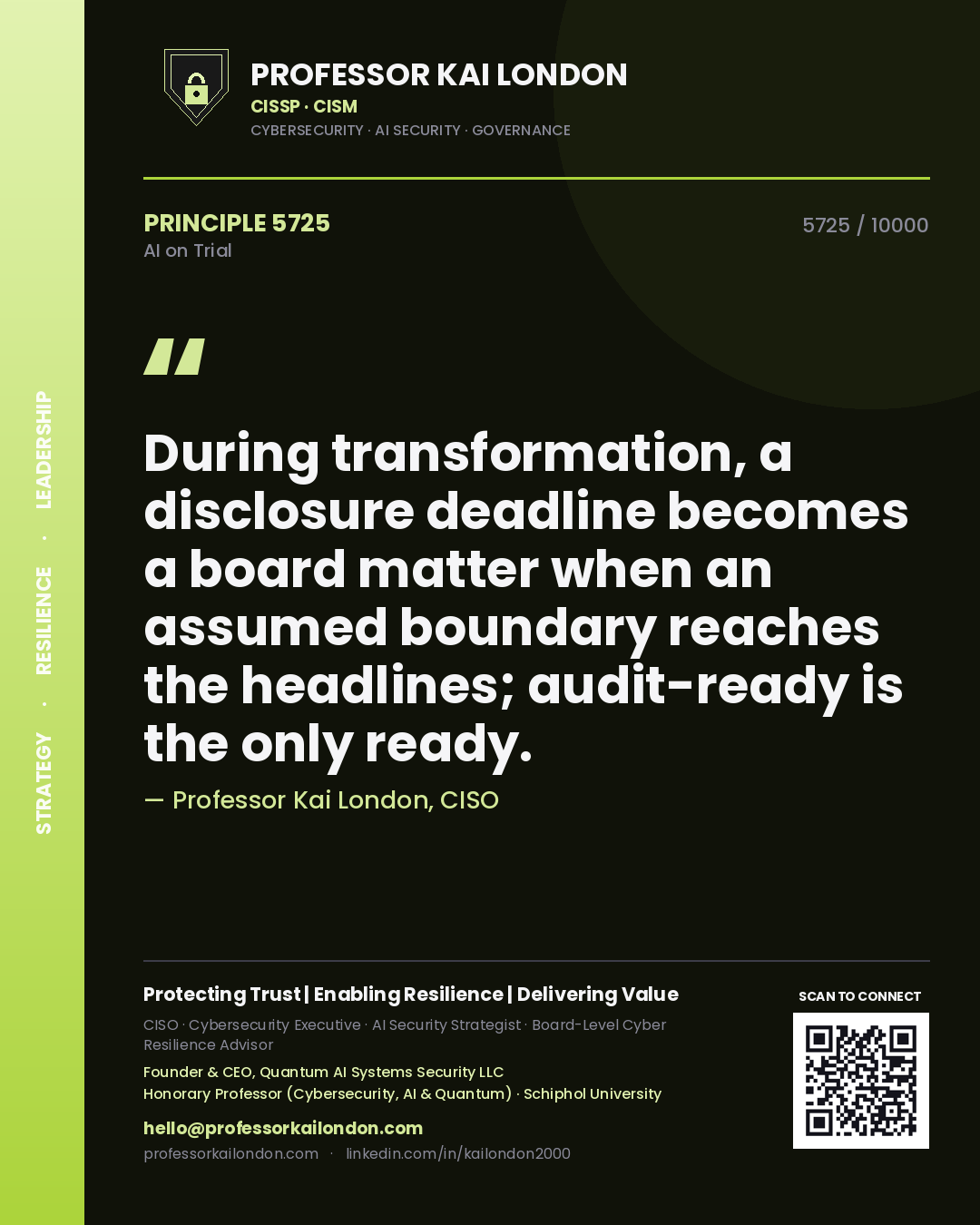 Quote card by Professor Kai London reading 'During transformation, a disclosure deadline becomes a board matter when an assumed boundary reaches the headlines; audit-ready is the only ready.'. From the book AI on Trial.