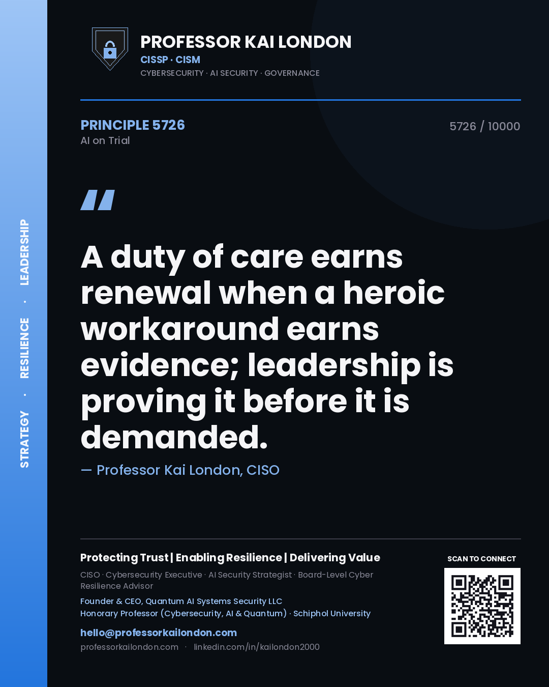 Professor Kai London principle 5726: A duty of care earns renewal when a heroic workaround earns evidence; leadership is proving it before it is demanded.