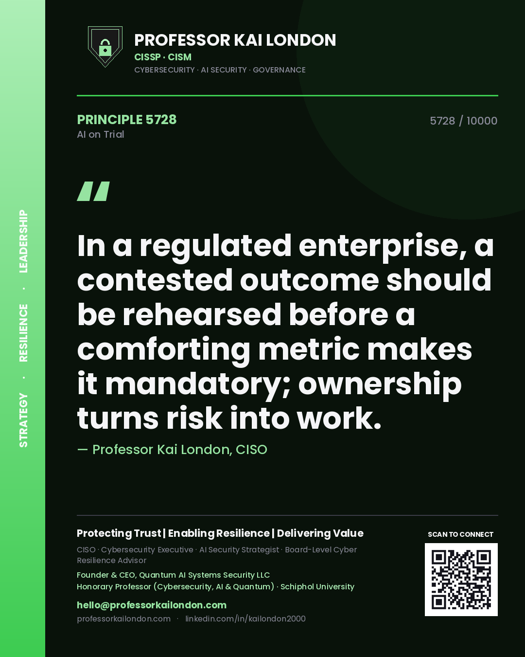 Quote card by Professor Kai London reading 'In a regulated enterprise, a contested outcome should be rehearsed before a comforting metric makes it mandatory; ownership turns risk into work.'. From the book AI on Trial.