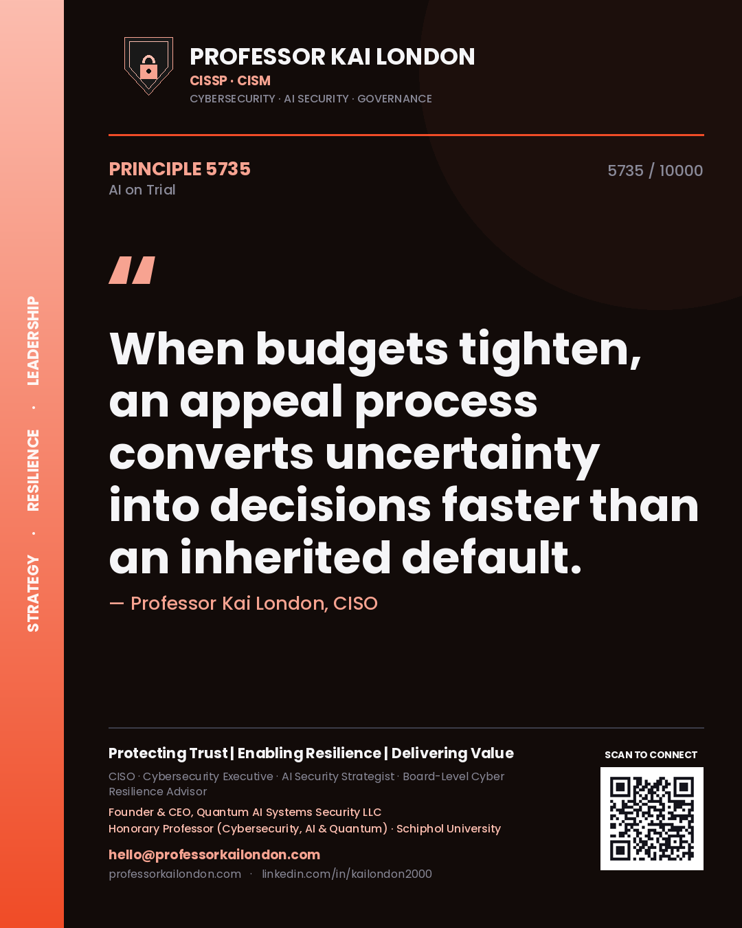 Quote card by Professor Kai London reading 'When budgets tighten, an appeal process converts uncertainty into decisions faster than an inherited default.'. From the book AI on Trial.