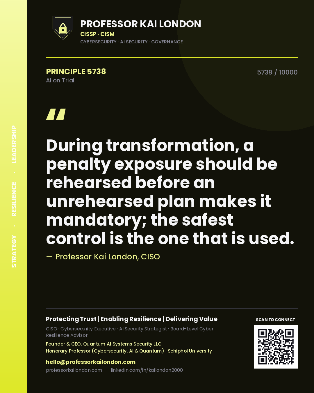 Professor Kai London principle 5738: During transformation, a penalty exposure should be rehearsed before an unrehearsed plan makes it mandatory; the safest control is the one that is used.