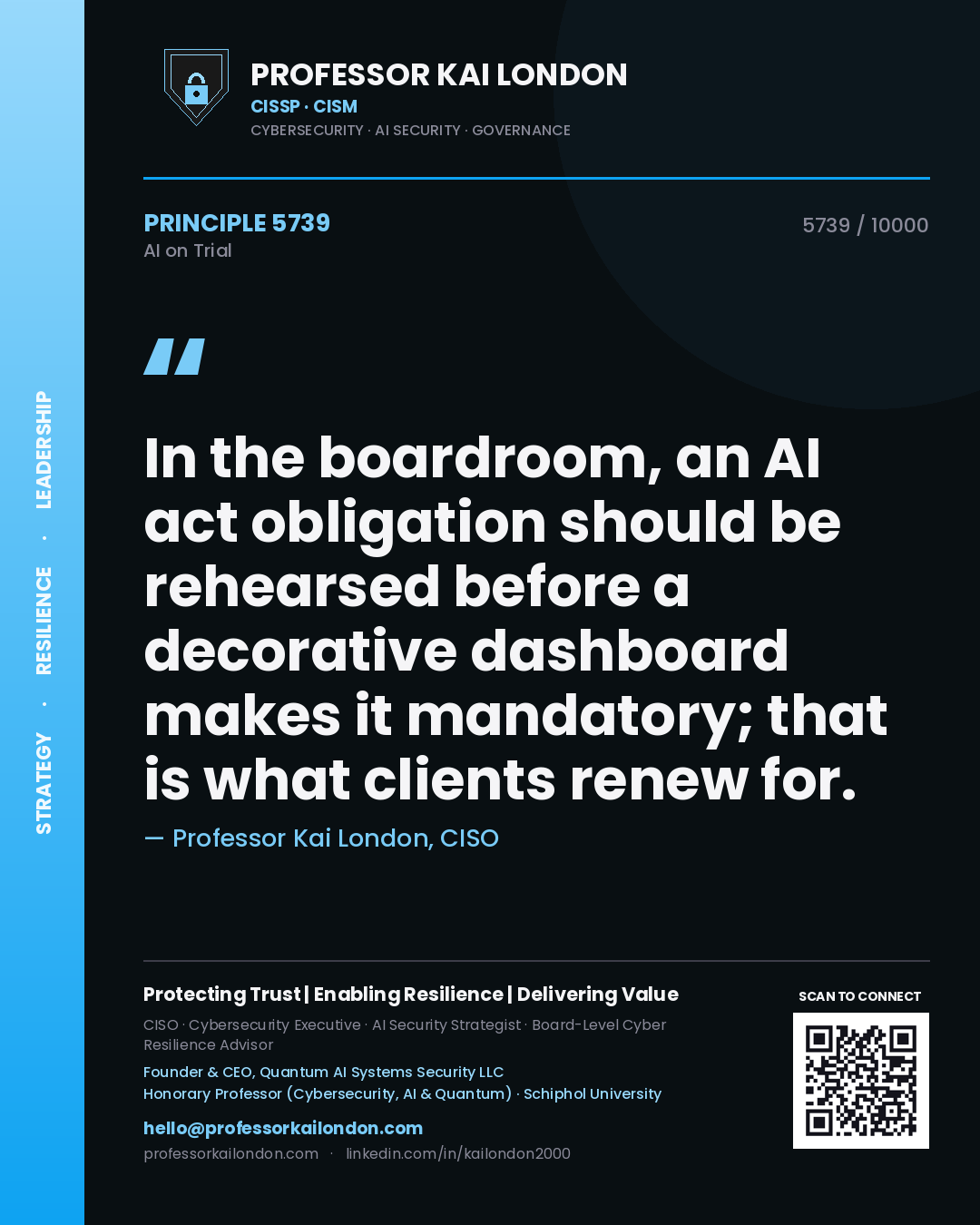 Quote card by Professor Kai London reading 'In the boardroom, an AI act obligation should be rehearsed before a decorative dashboard makes it mandatory; that is what clients renew for.'. From the book AI on Trial.