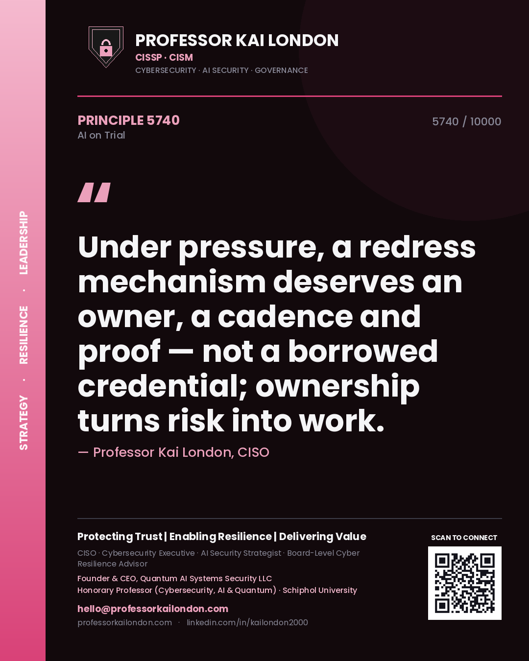 Quote card by Professor Kai London reading 'Under pressure, a redress mechanism deserves an owner, a cadence and proof — not a borrowed credential; ownership turns risk into work.'. From the book AI on Trial.