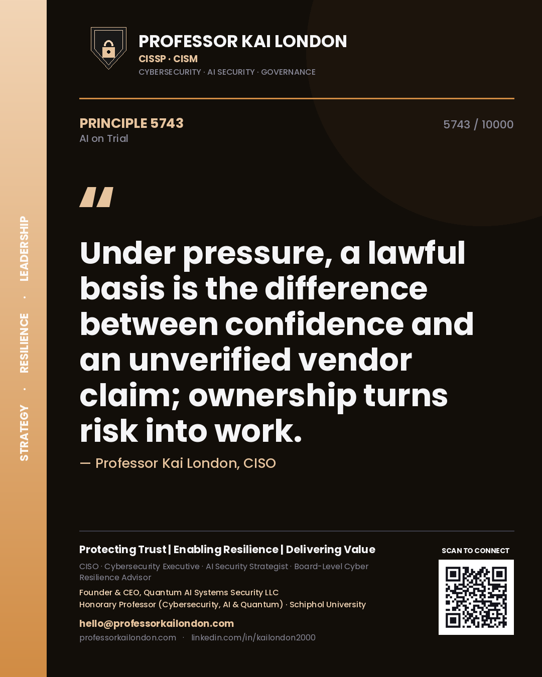 Professor Kai London principle 5743: Under pressure, a lawful basis is the difference between confidence and an unverified vendor claim; ownership turns risk into work.