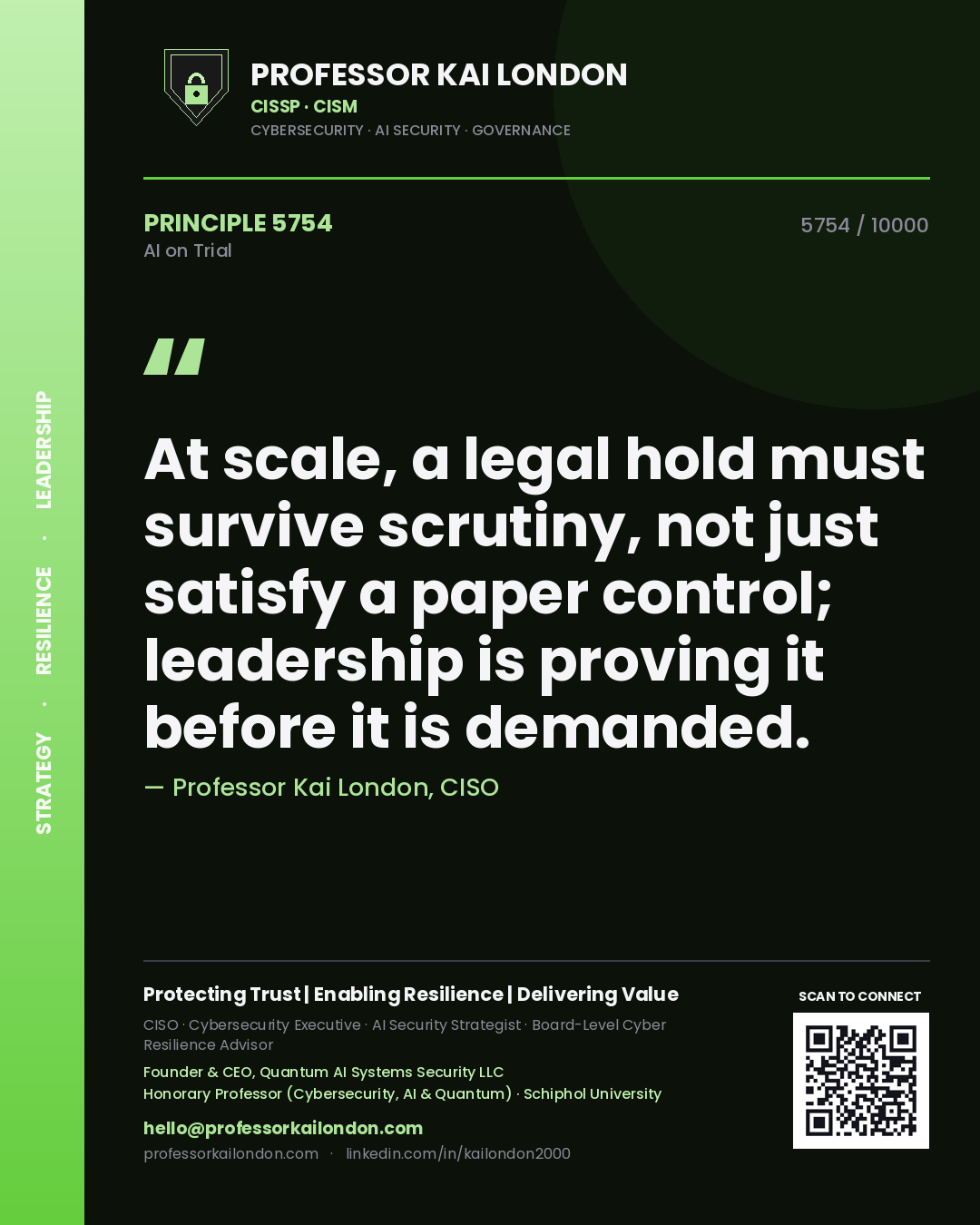 Professor Kai London principle 5754: At scale, a legal hold must survive scrutiny, not just satisfy a paper control; leadership is proving it before it is demanded.
