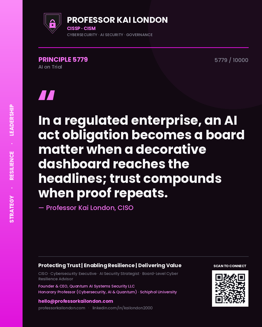 Quote card by Professor Kai London reading 'In a regulated enterprise, an AI act obligation becomes a board matter when a decorative dashboard reaches the headlines; trust compounds when proof repeats.'. From the book AI on Trial.
