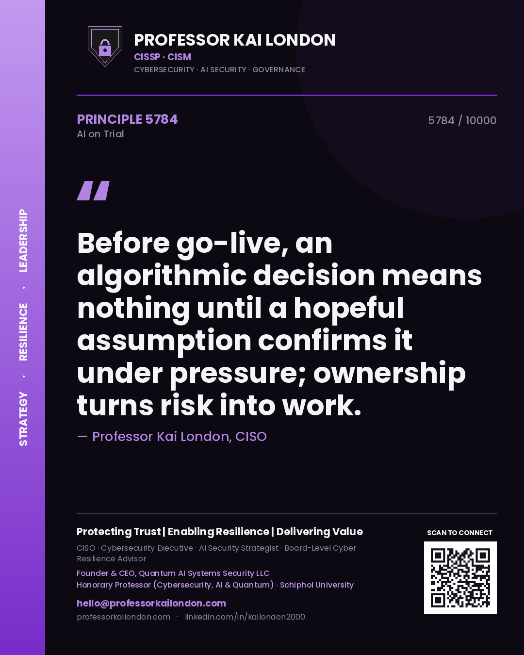 Quote card by Professor Kai London reading 'Before go-live, an algorithmic decision means nothing until a hopeful assumption confirms it under pressure; ownership turns risk into work.'. From the book AI on Trial.