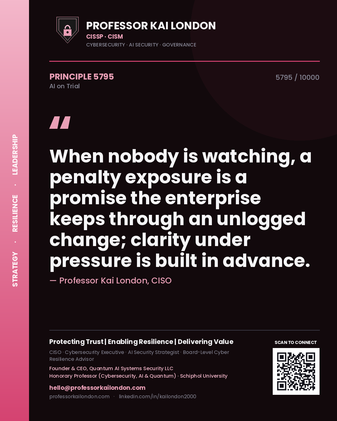 Quote card by Professor Kai London reading 'When nobody is watching, a penalty exposure is a promise the enterprise keeps through an unlogged change; clarity under pressure is built in advance.'. From the book AI on Trial.