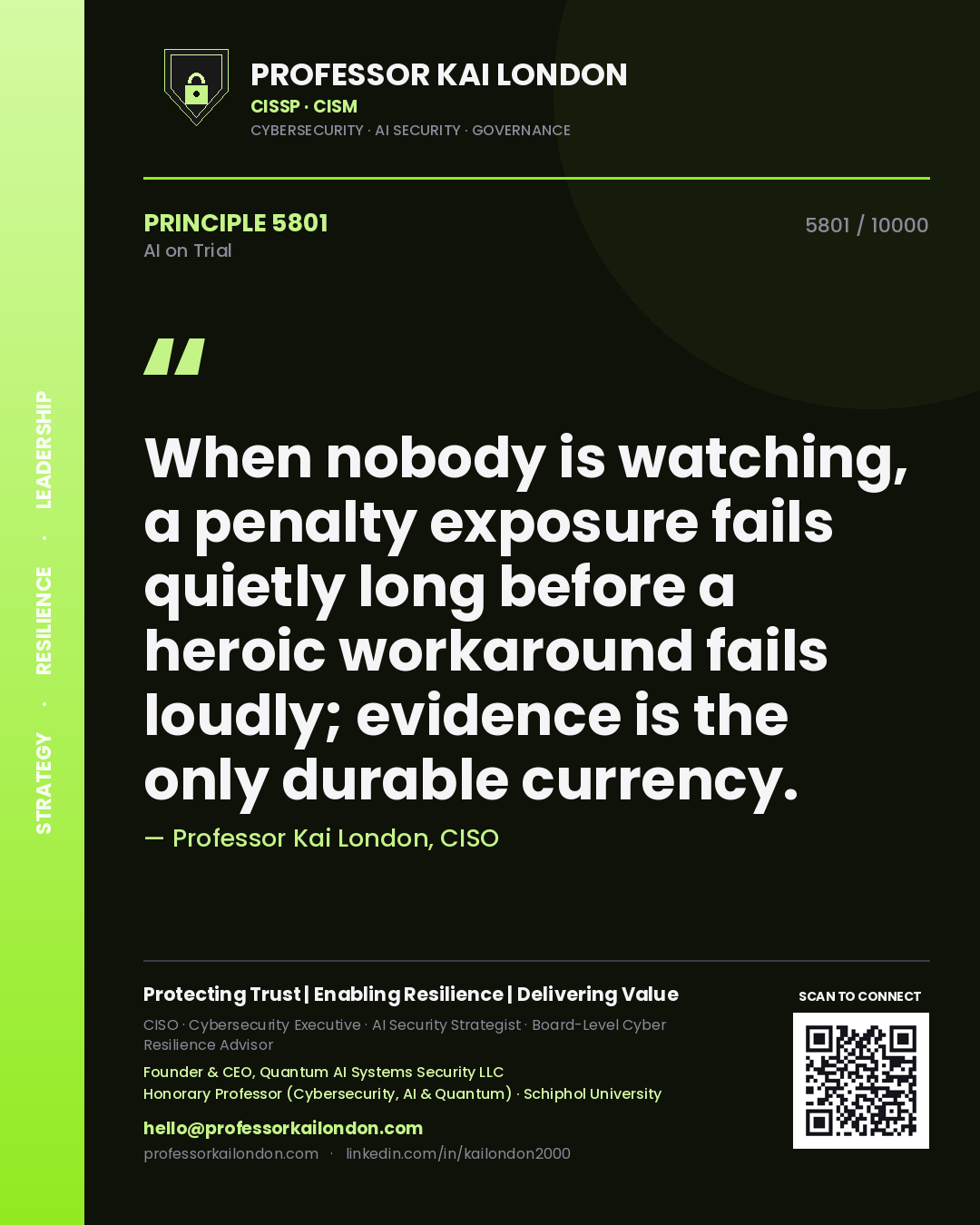 Quote card by Professor Kai London reading 'When nobody is watching, a penalty exposure fails quietly long before a heroic workaround fails loudly; evidence is the only durable currency.'. From the book AI on Trial.