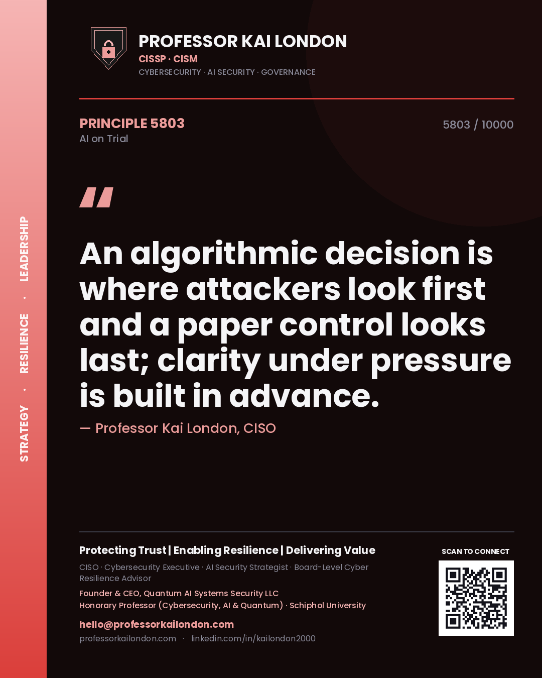 Quote card by Professor Kai London reading 'An algorithmic decision is where attackers look first and a paper control looks last; clarity under pressure is built in advance.'. From the book AI on Trial.