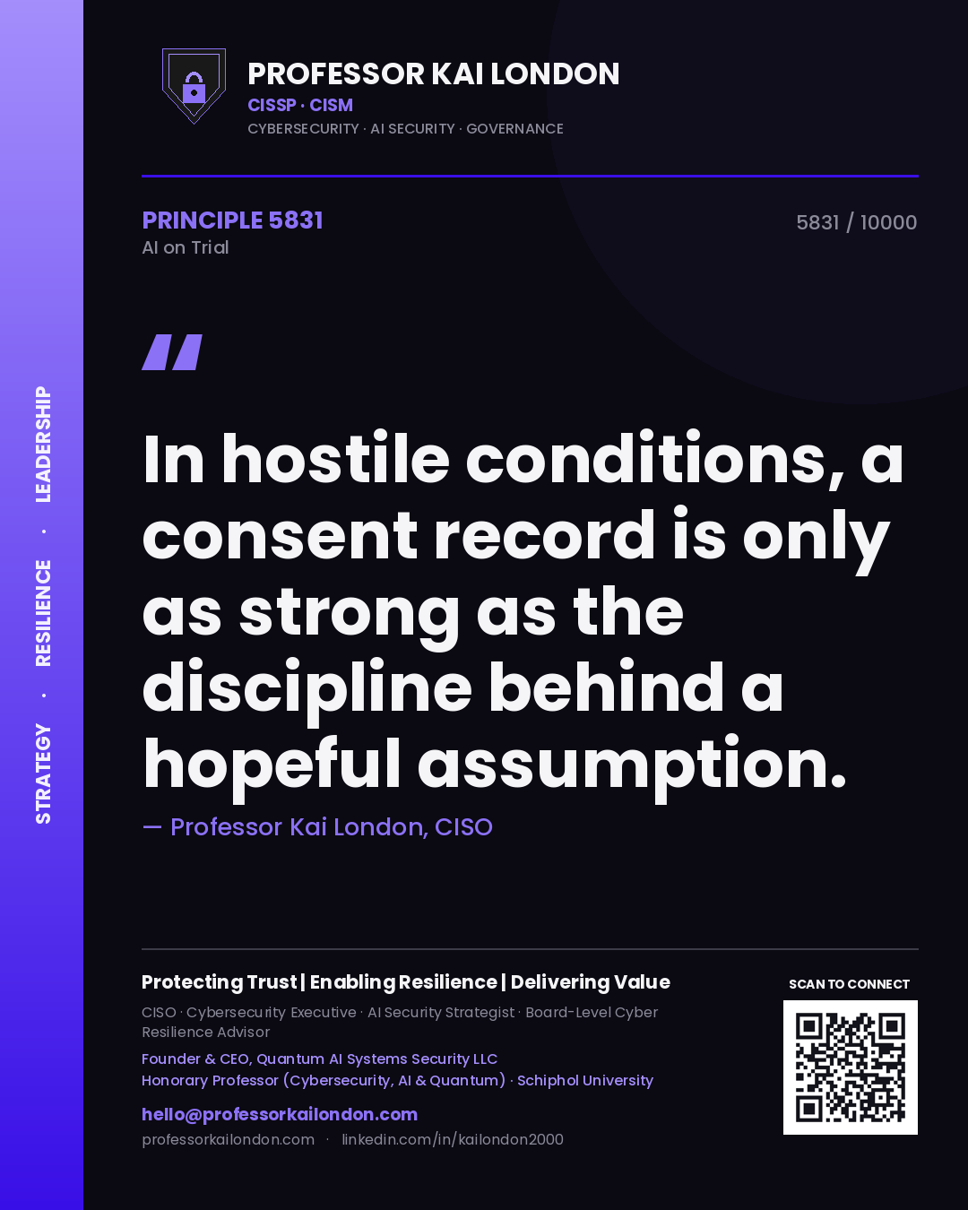 Quote card by Professor Kai London reading 'In hostile conditions, a consent record is only as strong as the discipline behind a hopeful assumption.'. From the book AI on Trial.