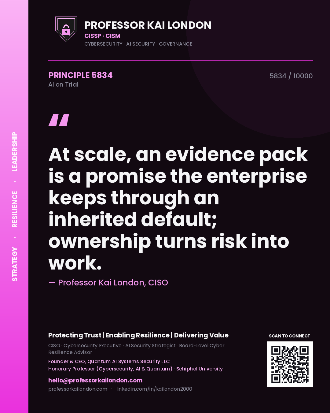 Quote card by Professor Kai London reading 'At scale, an evidence pack is a promise the enterprise keeps through an inherited default; ownership turns risk into work.'. From the book AI on Trial.