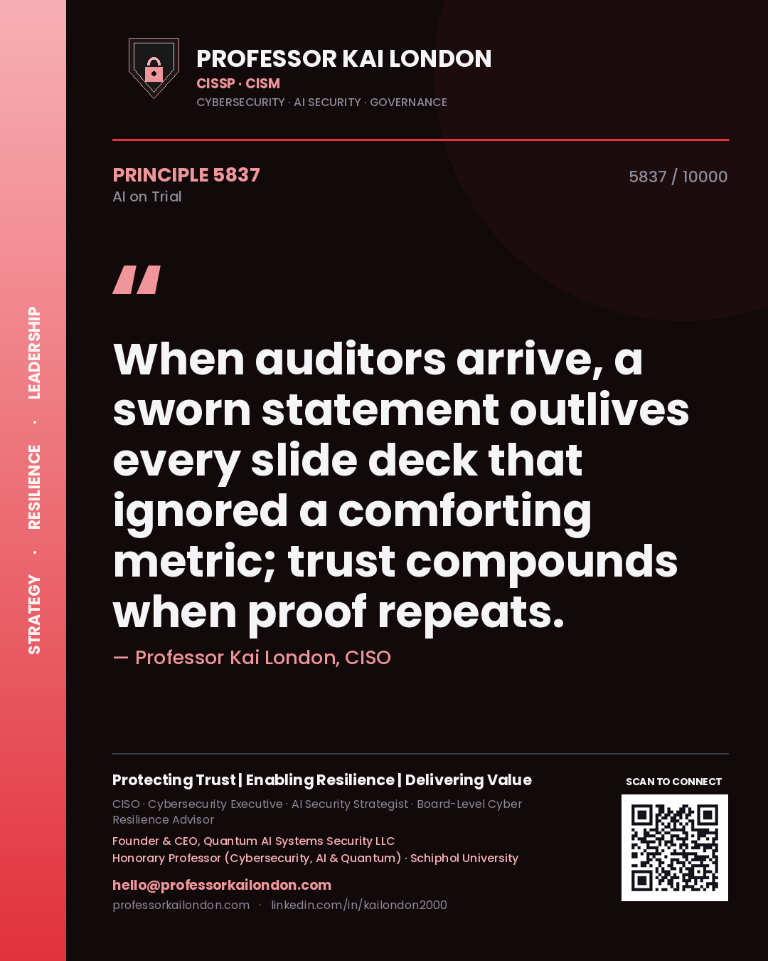 Quote card by Professor Kai London reading 'When auditors arrive, a sworn statement outlives every slide deck that ignored a comforting metric; trust compounds when proof repeats.'. From the book AI on Trial.