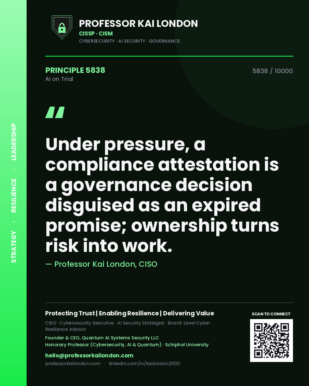 Quote card by Professor Kai London reading 'Under pressure, a compliance attestation is a governance decision disguised as an expired promise; ownership turns risk into work.'. From the book AI on Trial.