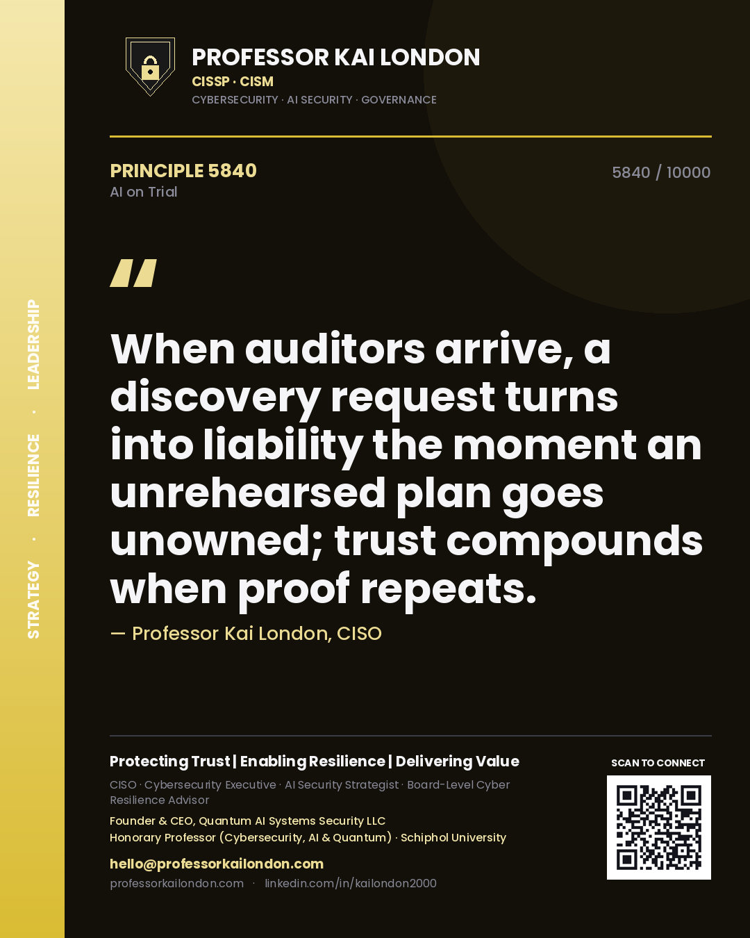 Quote card by Professor Kai London reading 'When auditors arrive, a discovery request turns into liability the moment an unrehearsed plan goes unowned; trust compounds when proof repeats.'. From the book AI on Trial.
