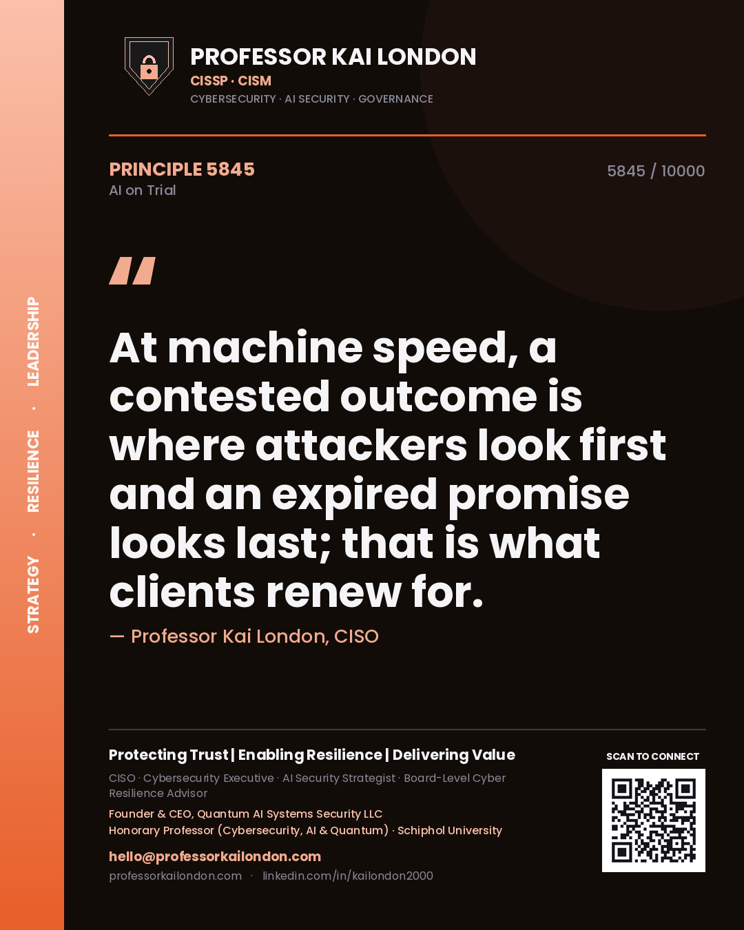 Quote card by Professor Kai London reading 'At machine speed, a contested outcome is where attackers look first and an expired promise looks last; that is what clients renew for.'. From the book AI on Trial.