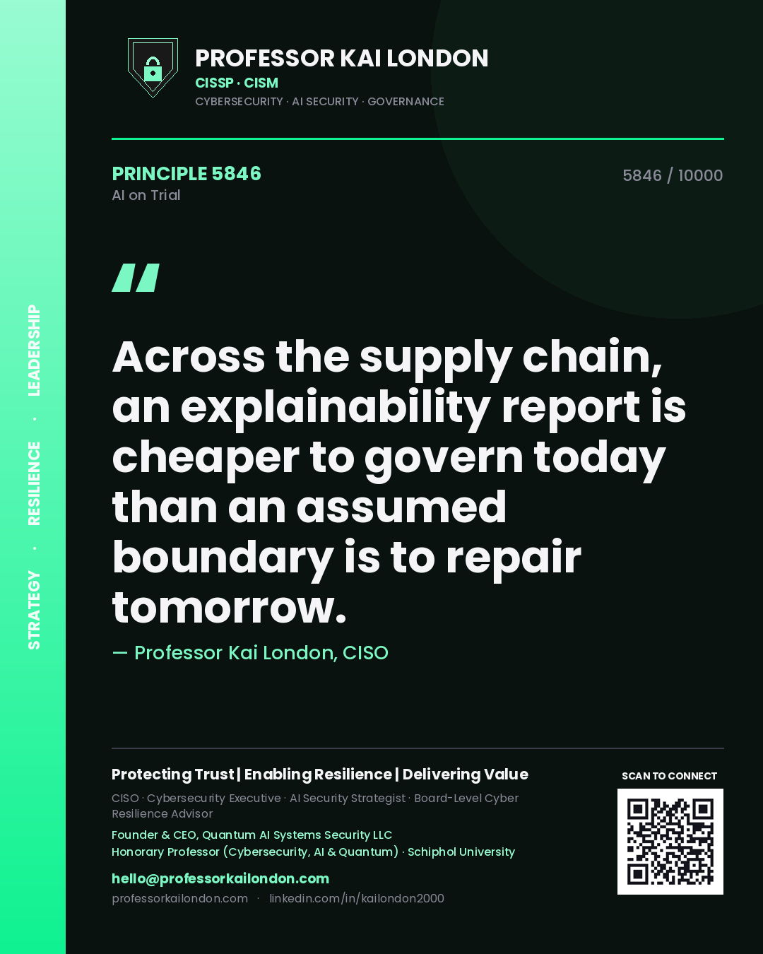 Professor Kai London principle 5846: Across the supply chain, an explainability report is cheaper to govern today than an assumed boundary is to repair tomorrow.