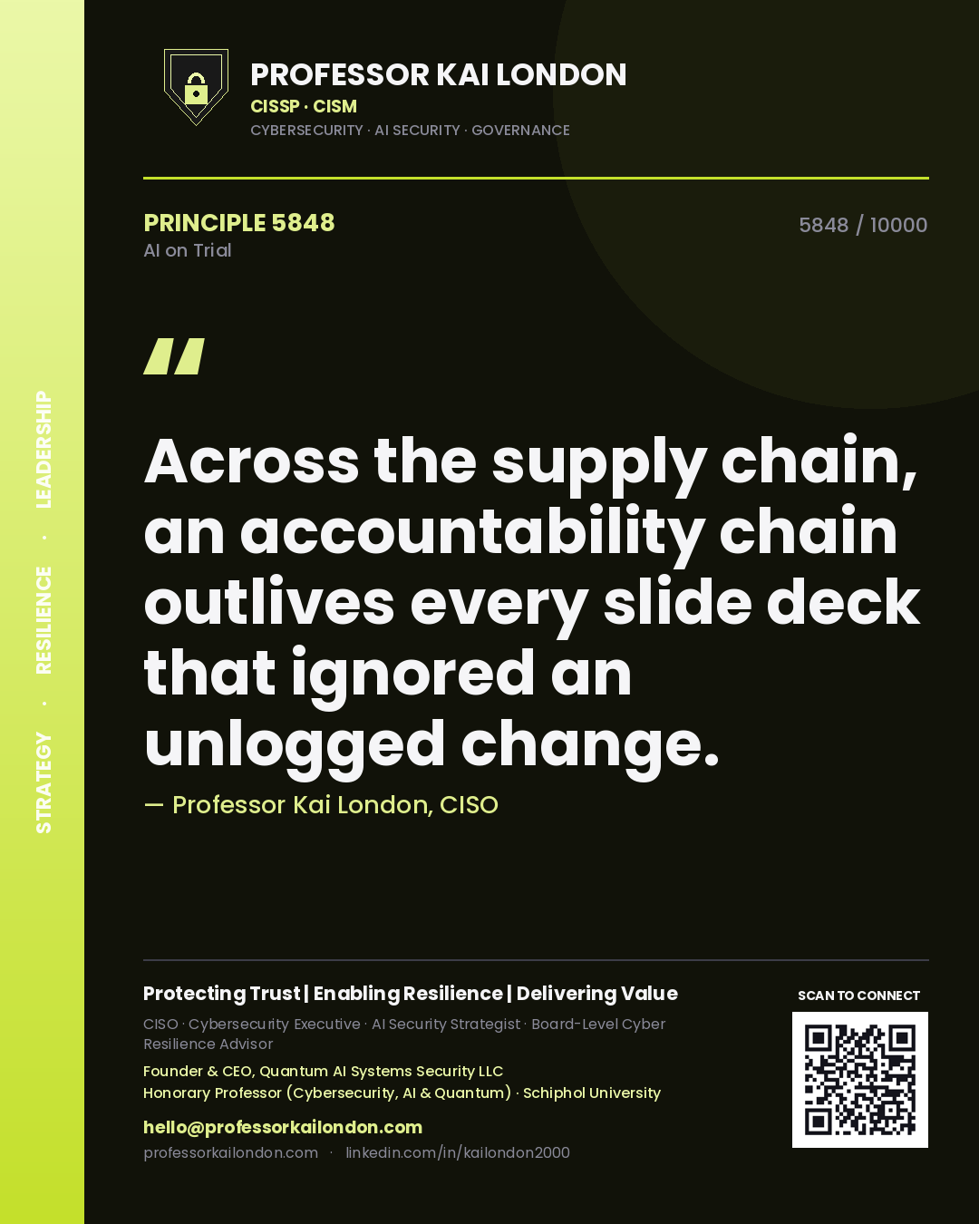 Quote card by Professor Kai London reading 'Across the supply chain, an accountability chain outlives every slide deck that ignored an unlogged change.'. From the book AI on Trial.