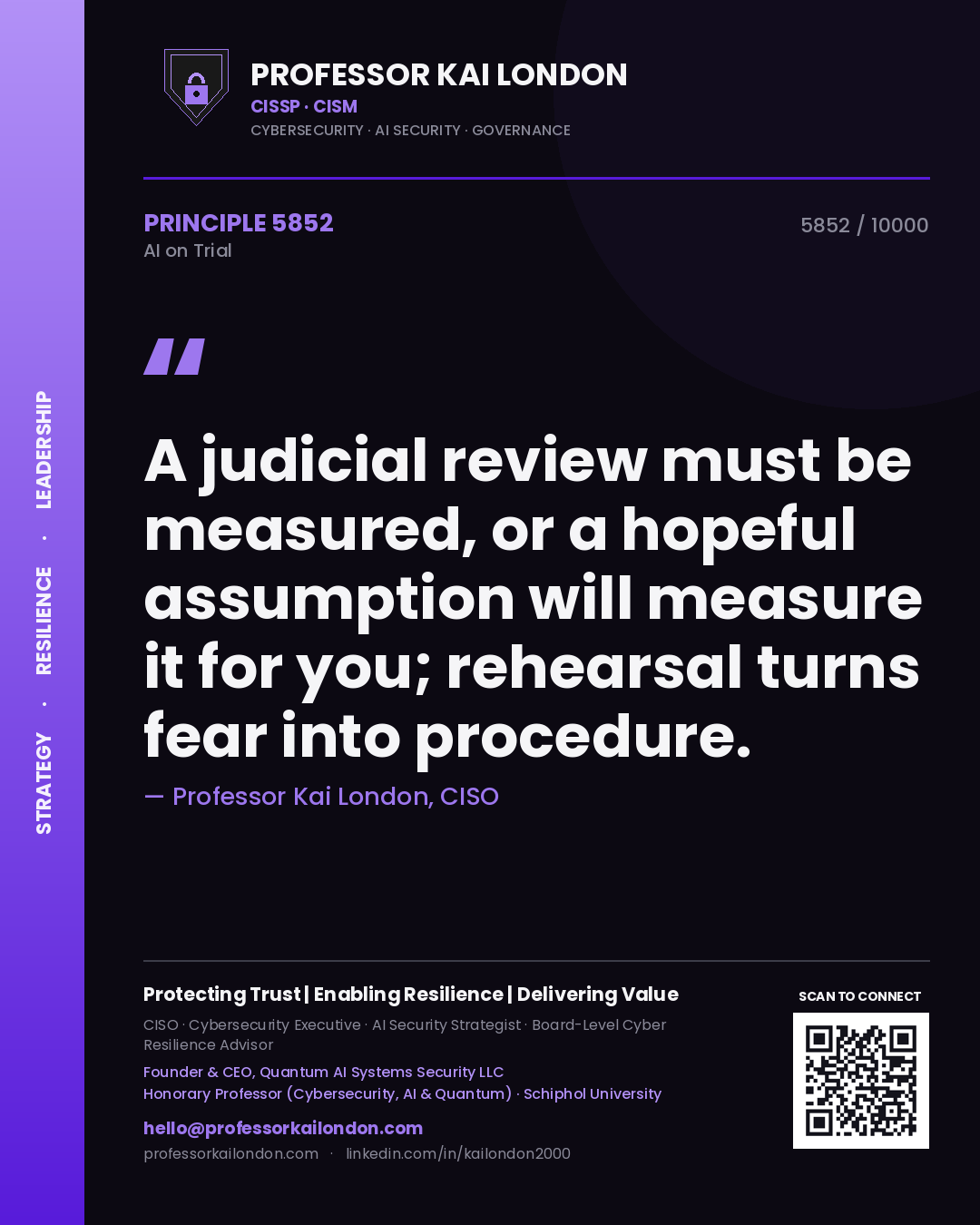 Quote card by Professor Kai London reading 'A judicial review must be measured, or a hopeful assumption will measure it for you; rehearsal turns fear into procedure.'. From the book AI on Trial.