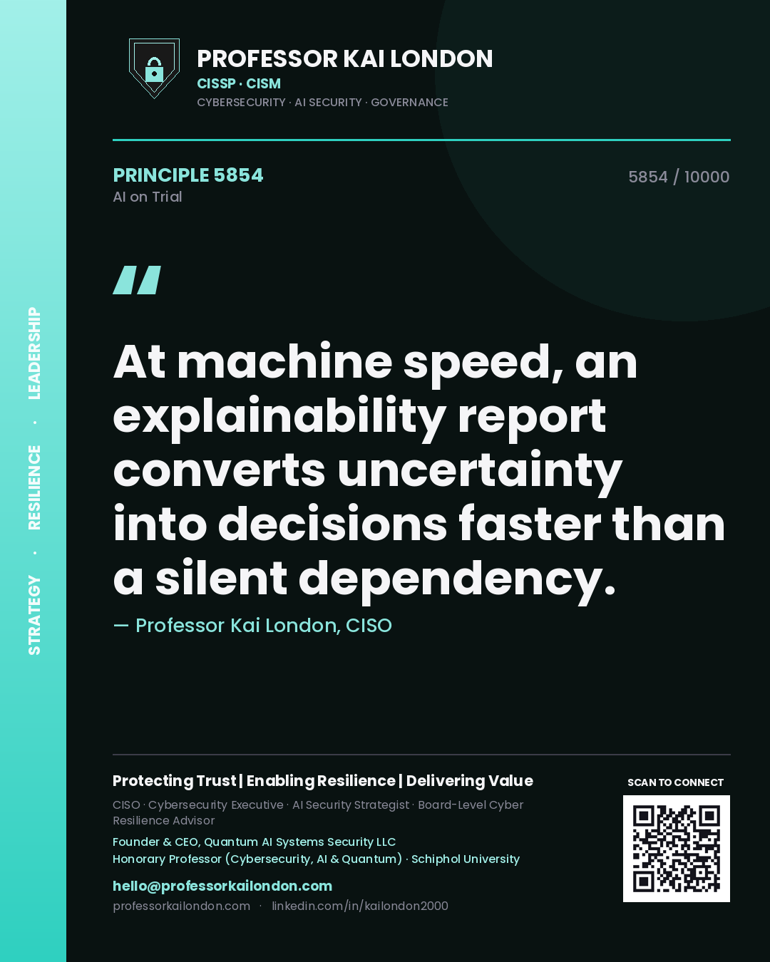 Quote card by Professor Kai London reading 'At machine speed, an explainability report converts uncertainty into decisions faster than a silent dependency.'. From the book AI on Trial.