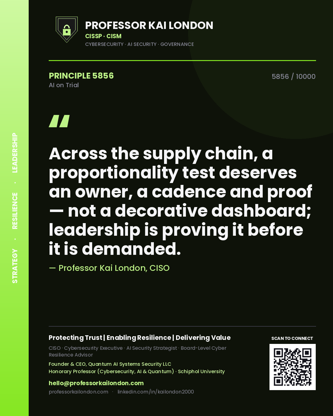Quote card by Professor Kai London reading 'Across the supply chain, a proportionality test deserves an owner, a cadence and proof — not a decorative dashboard; leadership is proving it before it is demanded.'. From the book AI on Trial.