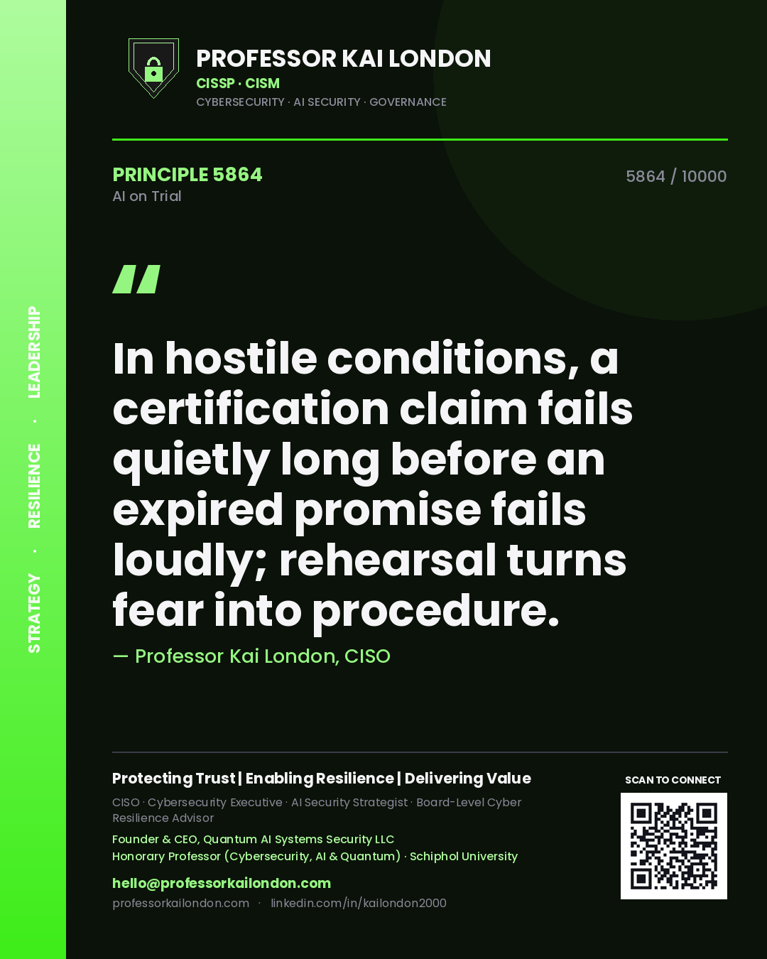 Professor Kai London principle 5864: In hostile conditions, a certification claim fails quietly long before an expired promise fails loudly; rehearsal turns fear into procedure.