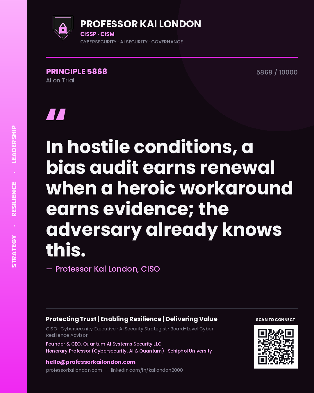 Quote card by Professor Kai London reading 'In hostile conditions, a bias audit earns renewal when a heroic workaround earns evidence; the adversary already knows this.'. From the book AI on Trial.