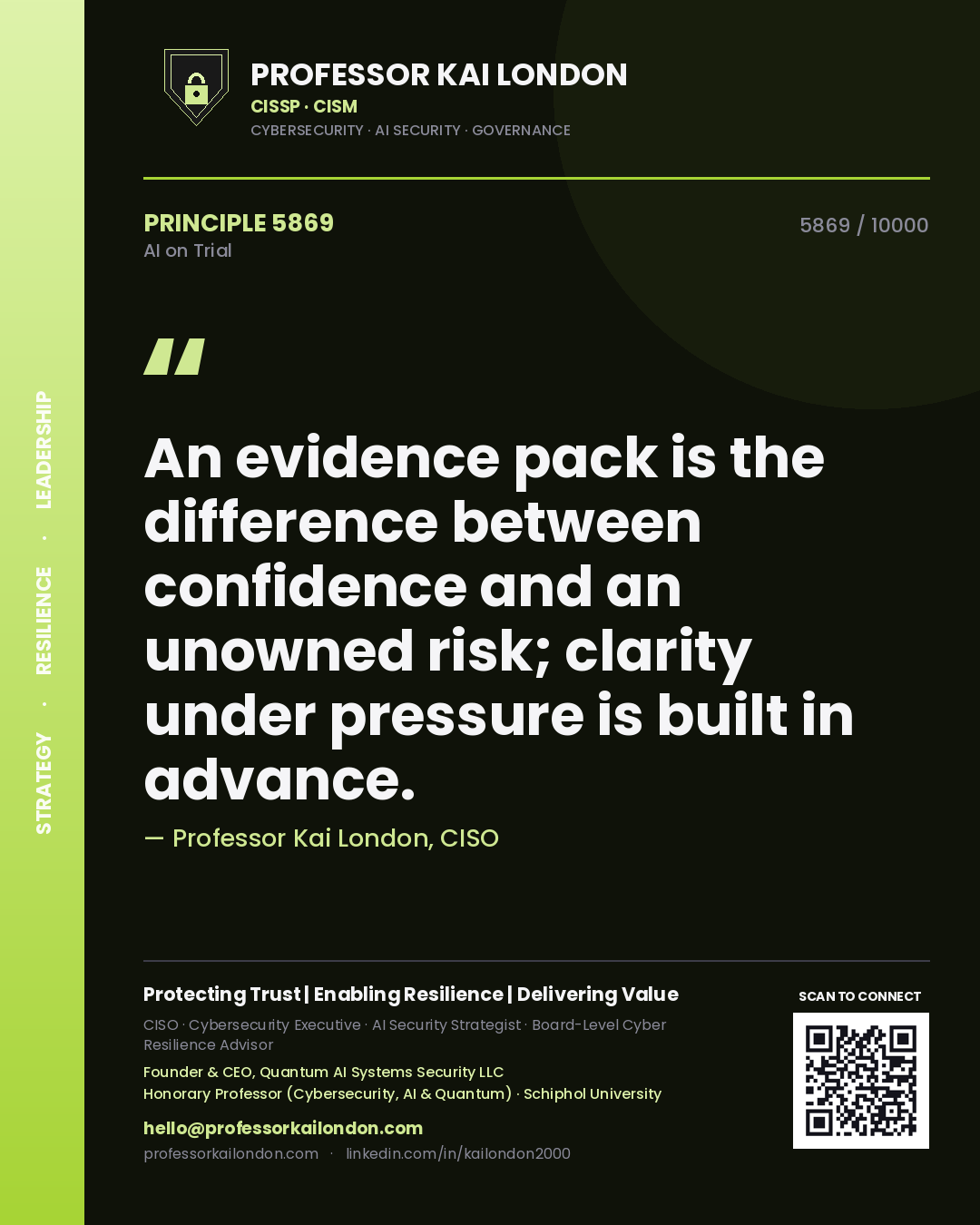 Quote card by Professor Kai London reading 'An evidence pack is the difference between confidence and an unowned risk; clarity under pressure is built in advance.'. From the book AI on Trial.