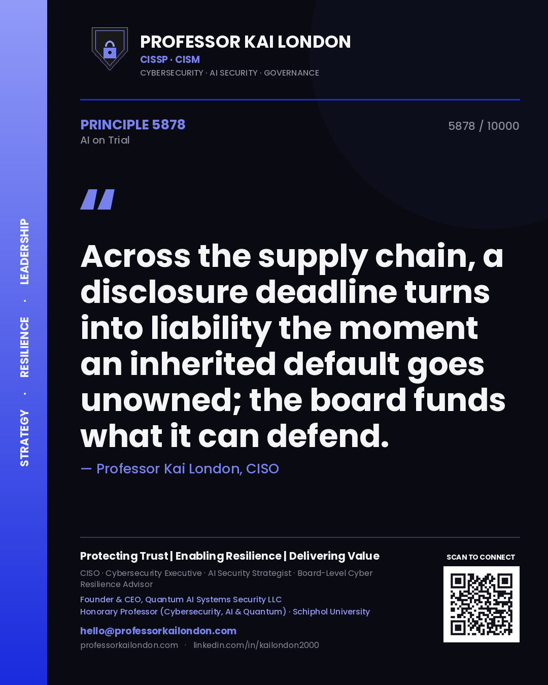 Quote card by Professor Kai London reading 'Across the supply chain, a disclosure deadline turns into liability the moment an inherited default goes unowned; the board funds what it can defend.'. From the book AI on Trial.