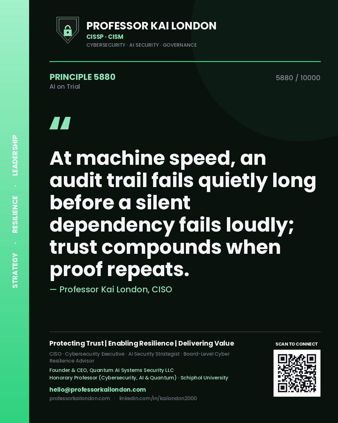 Quote card by Professor Kai London reading 'At machine speed, an audit trail fails quietly long before a silent dependency fails loudly; trust compounds when proof repeats.'. From the book AI on Trial.