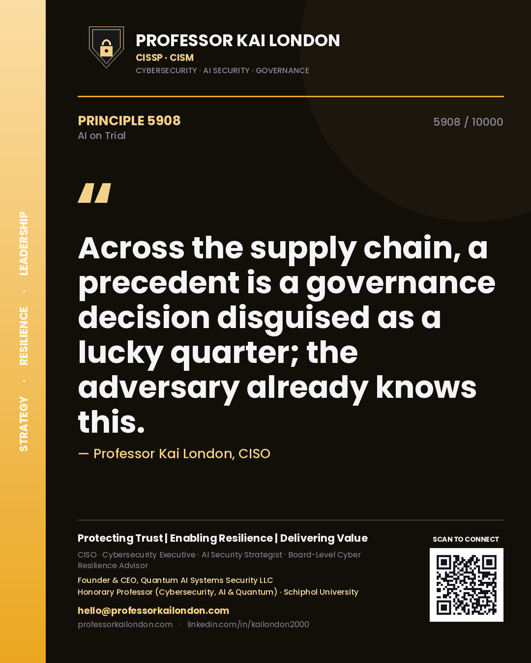 Quote card by Professor Kai London reading 'Across the supply chain, a precedent is a governance decision disguised as a lucky quarter; the adversary already knows this.'. From the book AI on Trial.
