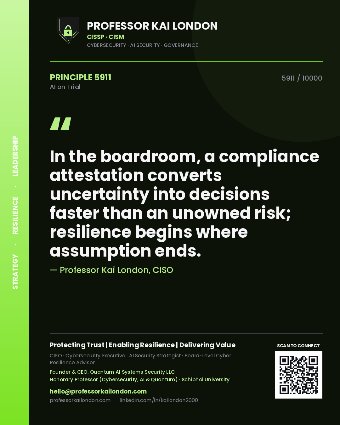 Quote card by Professor Kai London reading 'In the boardroom, a compliance attestation converts uncertainty into decisions faster than an unowned risk; resilience begins where assumption ends.'. From the book AI on Trial.