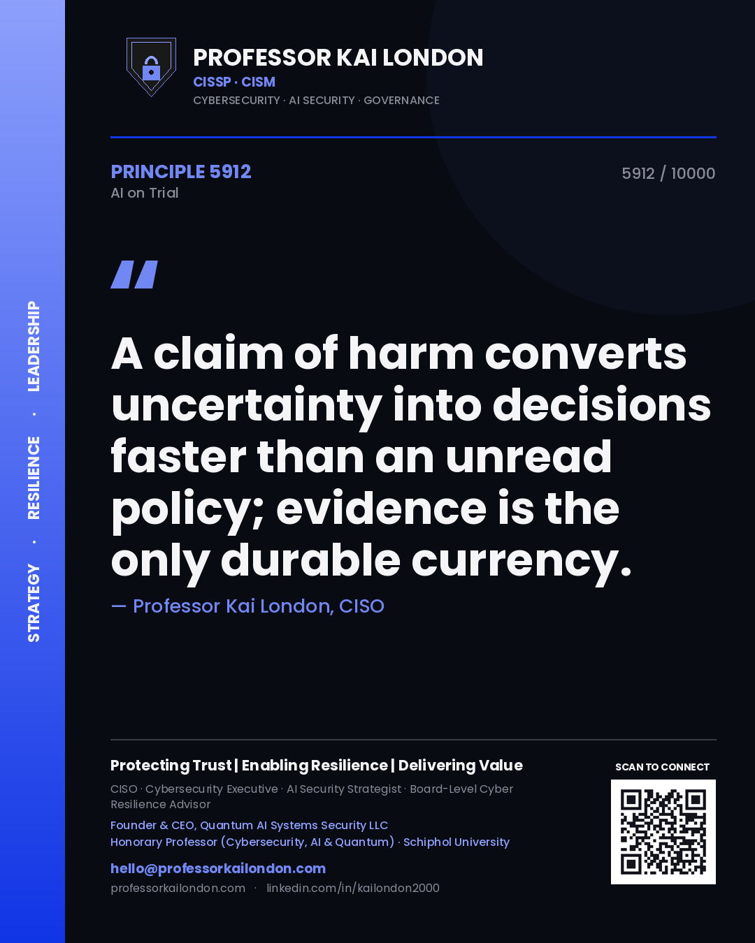 Quote card by Professor Kai London reading 'A claim of harm converts uncertainty into decisions faster than an unread policy; evidence is the only durable currency.'. From the book AI on Trial.