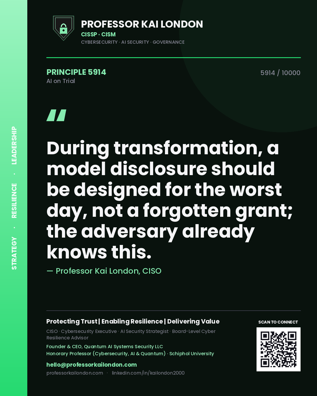 Quote card by Professor Kai London reading 'During transformation, a model disclosure should be designed for the worst day, not a forgotten grant; the adversary already knows this.'. From the book AI on Trial.
