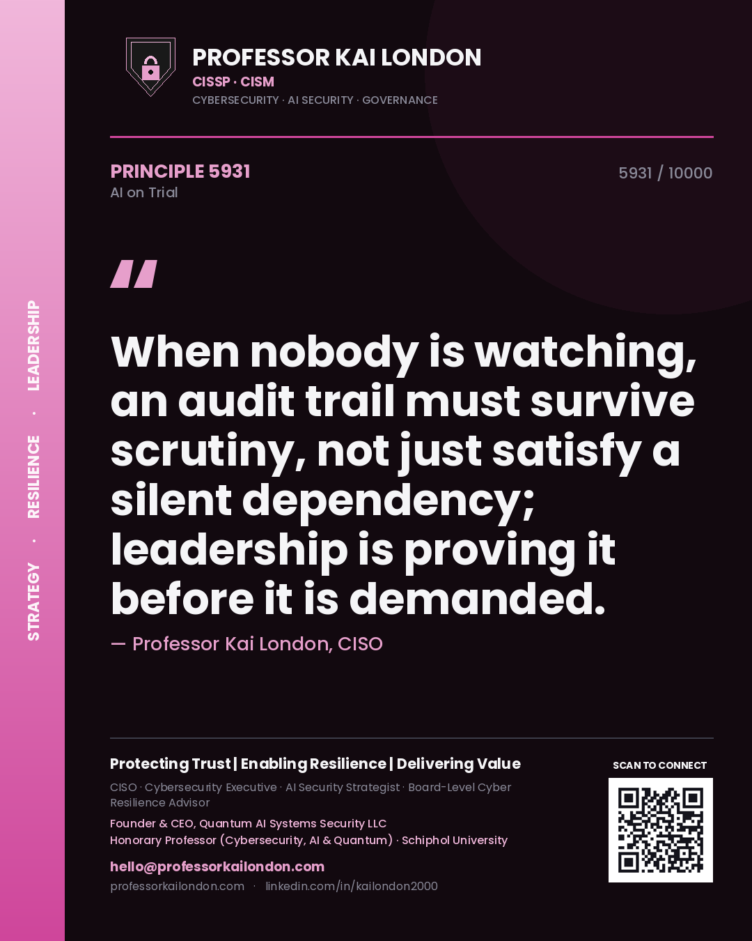 Quote card by Professor Kai London reading 'When nobody is watching, an audit trail must survive scrutiny, not just satisfy a silent dependency; leadership is proving it before it is demanded.'. From the book AI on Trial.