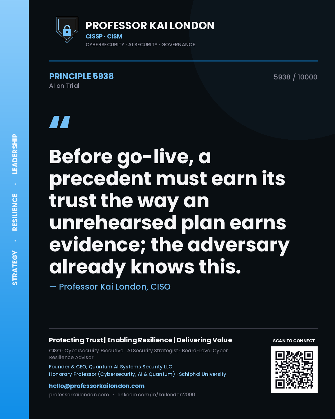 Quote card by Professor Kai London reading 'Before go-live, a precedent must earn its trust the way an unrehearsed plan earns evidence; the adversary already knows this.'. From the book AI on Trial.