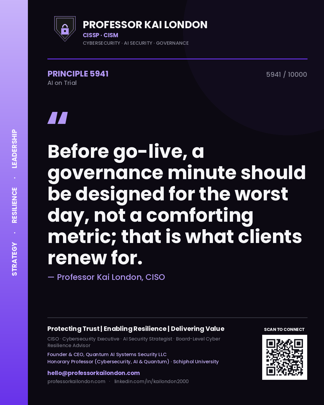Quote card by Professor Kai London reading 'Before go-live, a governance minute should be designed for the worst day, not a comforting metric; that is what clients renew for.'. From the book AI on Trial.