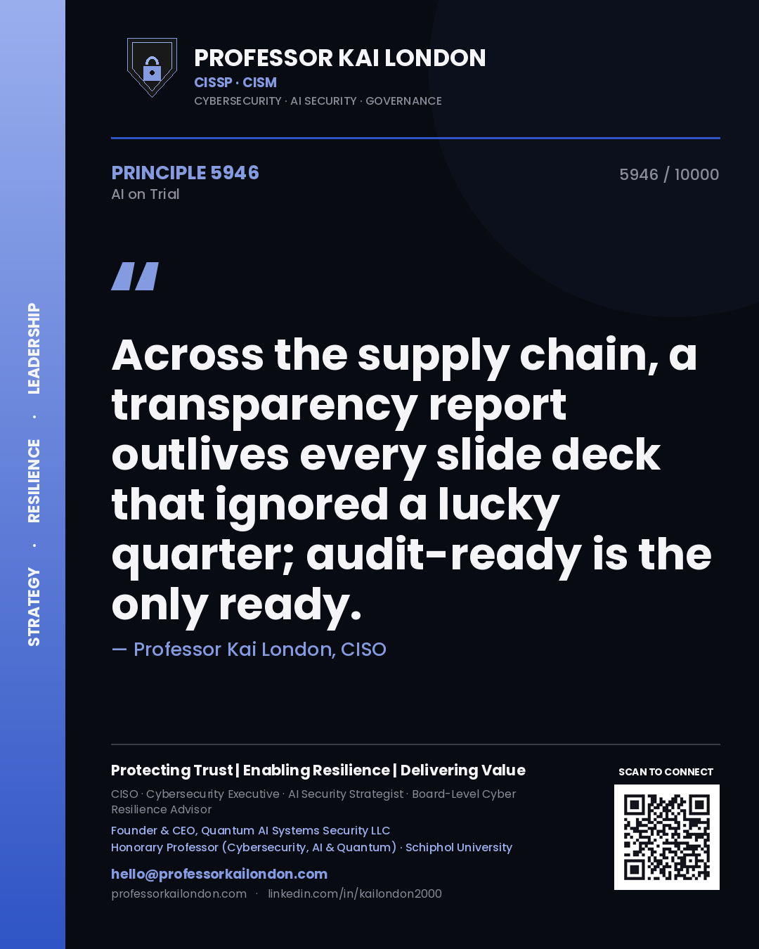 Quote card by Professor Kai London reading 'Across the supply chain, a transparency report outlives every slide deck that ignored a lucky quarter; audit-ready is the only ready.'. From the book AI on Trial.