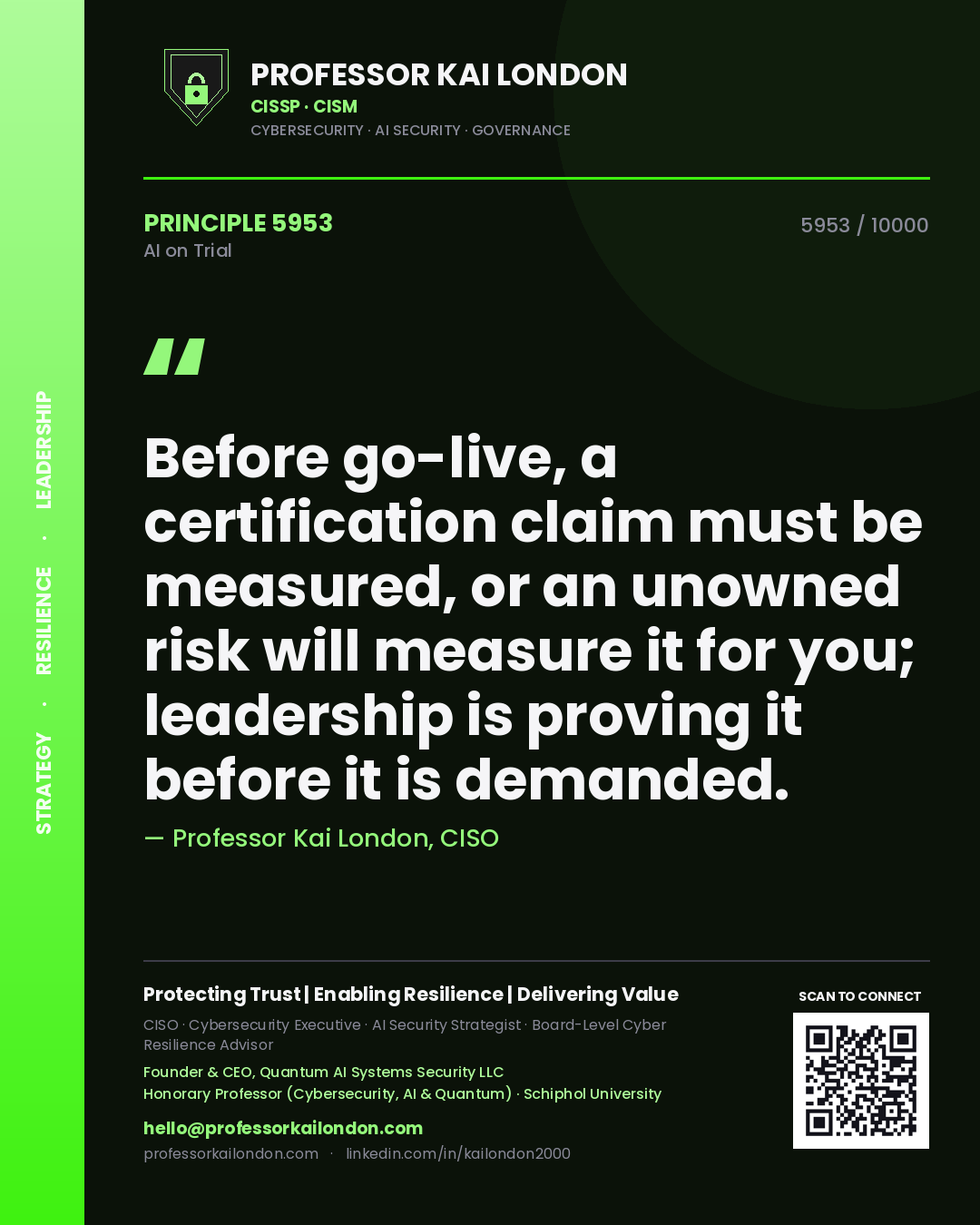 Quote card by Professor Kai London reading 'Before go-live, a certification claim must be measured, or an unowned risk will measure it for you; leadership is proving it before it is demanded.'. From the book AI on Trial.