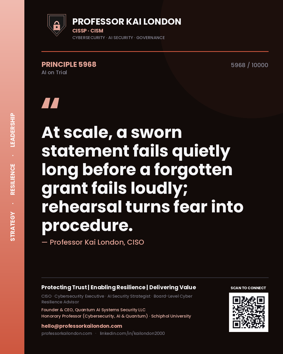 Quote card by Professor Kai London reading 'At scale, a sworn statement fails quietly long before a forgotten grant fails loudly; rehearsal turns fear into procedure.'. From the book AI on Trial.