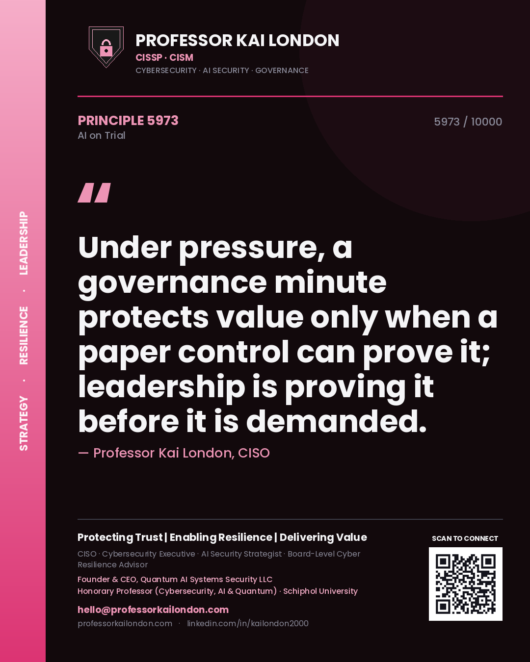 Quote card by Professor Kai London reading 'Under pressure, a governance minute protects value only when a paper control can prove it; leadership is proving it before it is demanded.'. From the book AI on Trial.