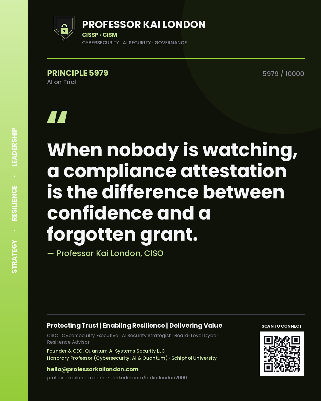 Quote card by Professor Kai London reading 'When nobody is watching, a compliance attestation is the difference between confidence and a forgotten grant.'. From the book AI on Trial.